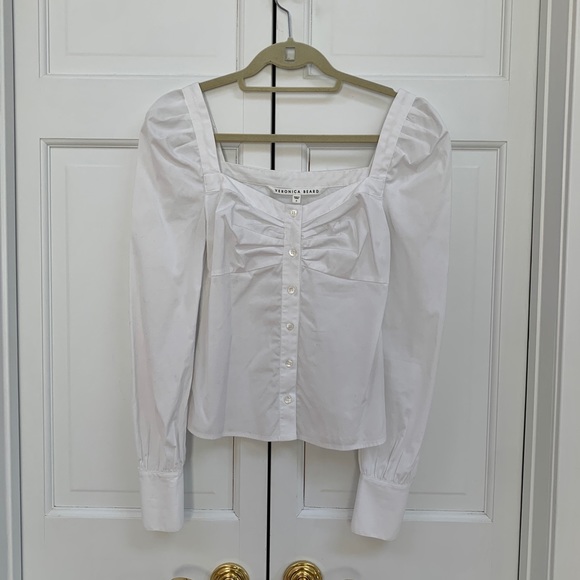 Veronica Beard Frankie White Long Sleeve Rucched Blouse - Picture 3 of 14